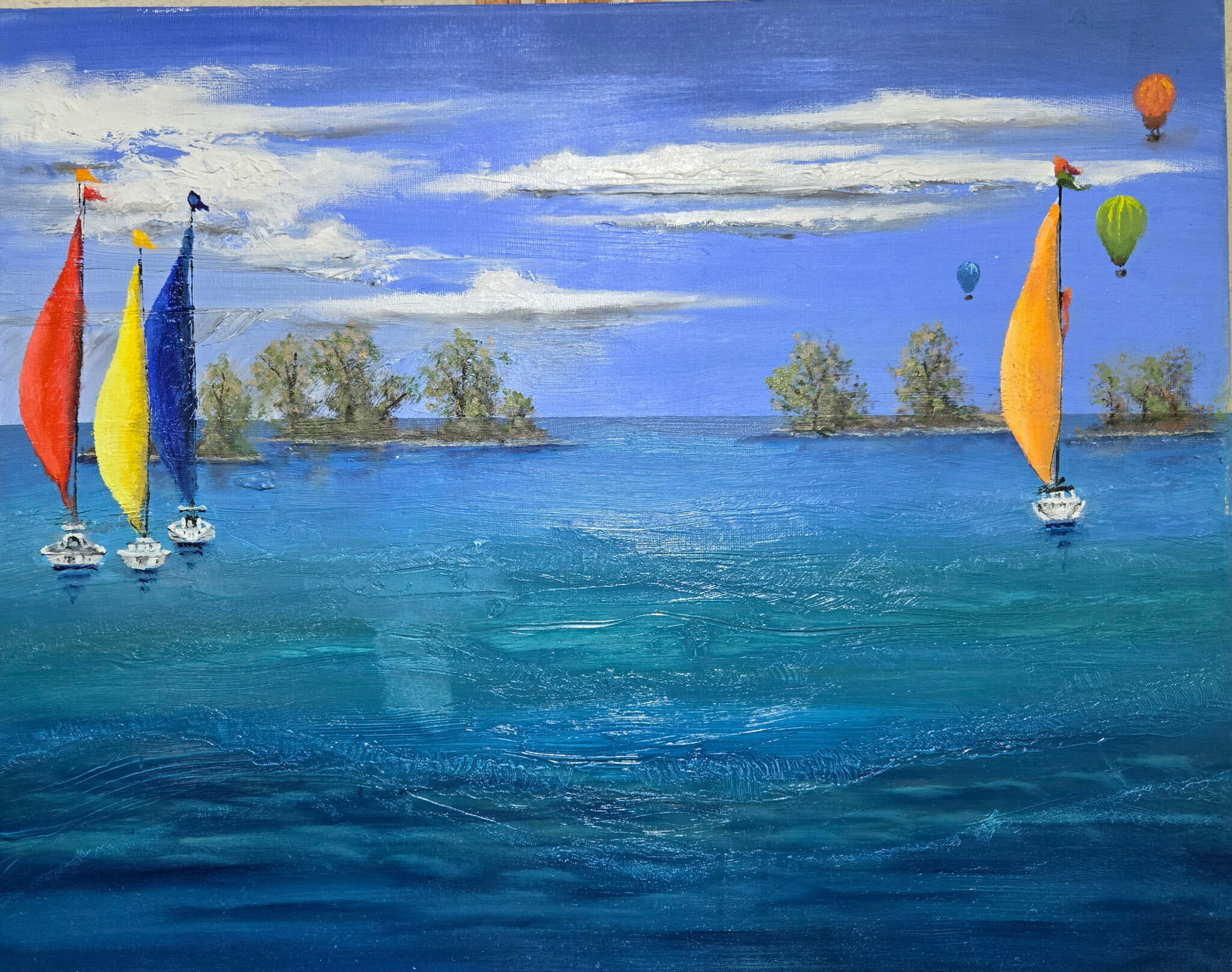 Oil painting of sailboats and hot air balloons on a blue sea